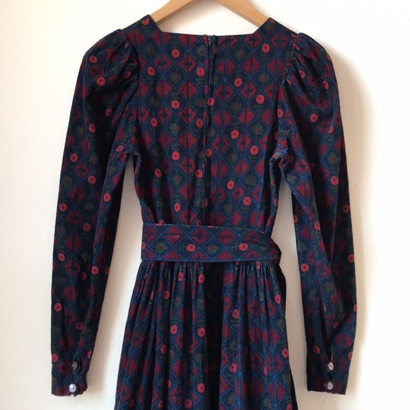 Laura Ashley Vintage Diamond/Floral Corduroy Dress Navy/Red/Green w/Belt Sz US 8 - Picture 9 of 17